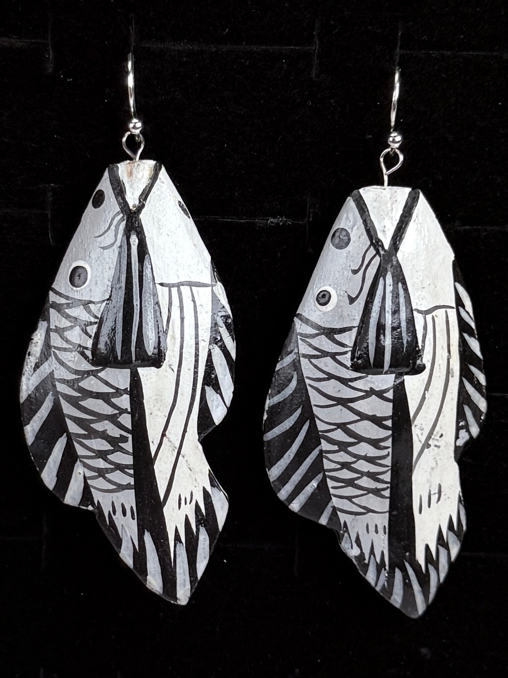 Vintage Bohemian, chic, black and white wood carved fish pierced earrings
